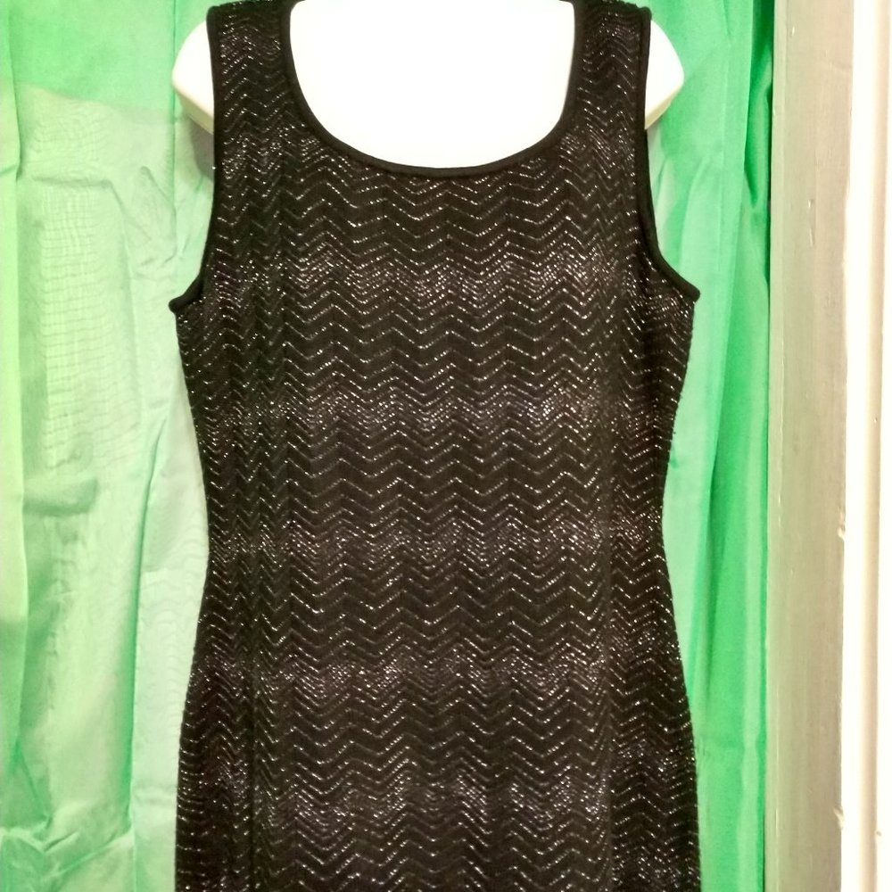 Calvin Klein Stretchy LBD Knit Dress Chevron Stripes Silver Thread Medium  NWT
